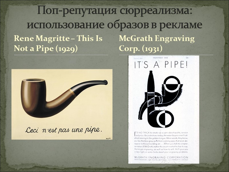 Rene Magritte – This Is Not a Pipe (1929) Поп-репутация сюрреализма: использование образов в